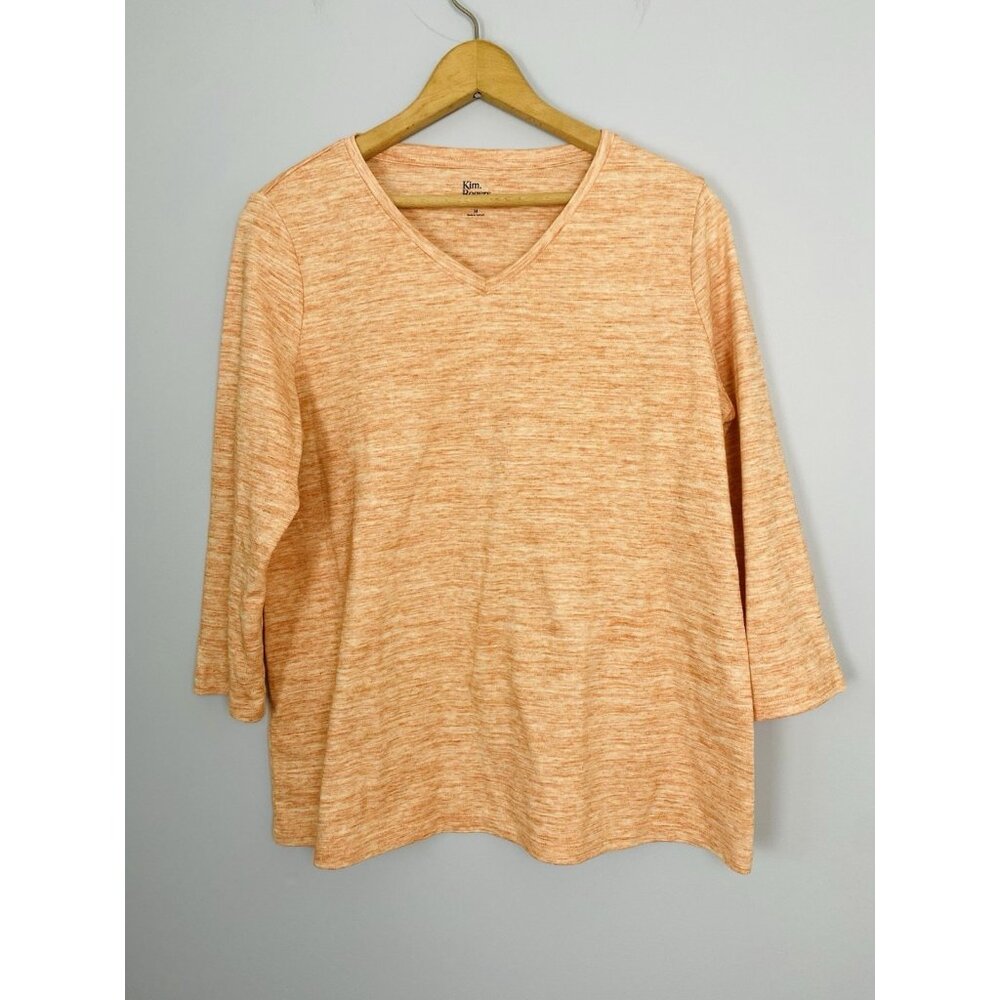 Kim Rogers Perfectly Soft Tee Women Med 3/4 Sleeve Crew Orange V Neck Space Dyed